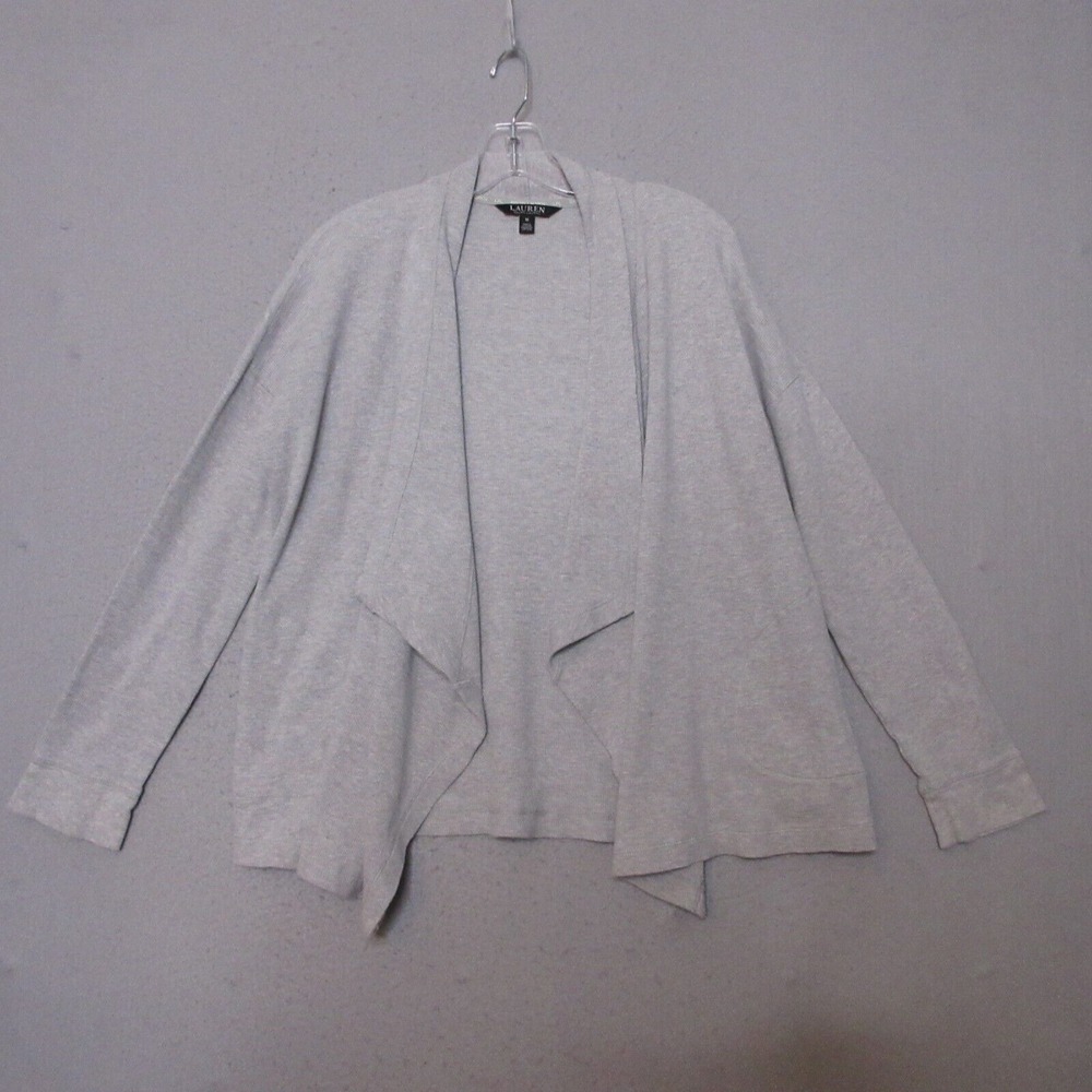Lauren Ralph Lauren Top Cardigan Women Medium Gray Waffle Knit Open Front Pocket